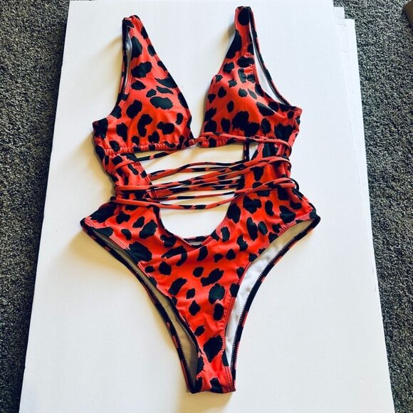 Leopard Print Plunging V-Neck Lace Up Swimsuit Small Red Orange Animal High Cut - Picture 2 of 14